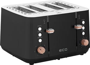 Prajitor de paine ECG ST 4768 Timber Black, 1850 W, 4 felii, 7 grade de rumenire, otel inoxidabil si elemente din lemn, negru